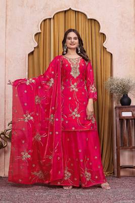 Pink fandy silk party wear embroidery sharara suit set 1