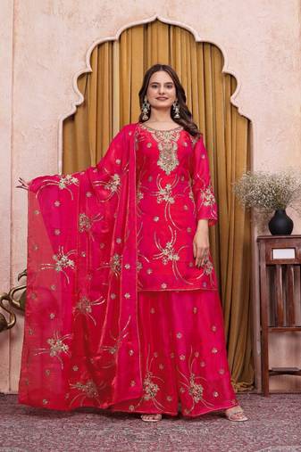 Pink fandy silk party wear embroidery sharara suit set