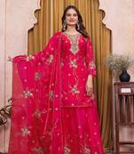 Pink fandy silk party wear embroidery sharara suit set