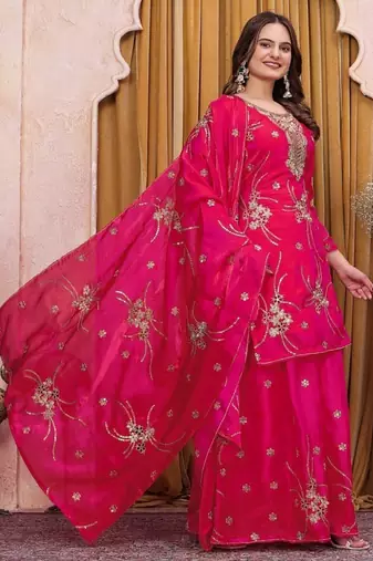 Pink fandy silk party wear embroidery sharara suit set