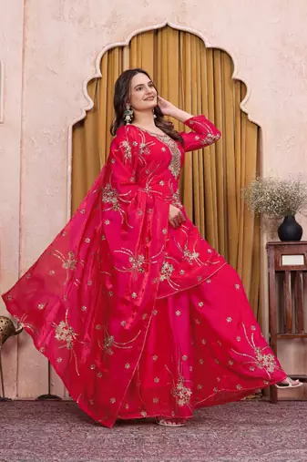 Pink fandy silk party wear embroidery sharara suit set