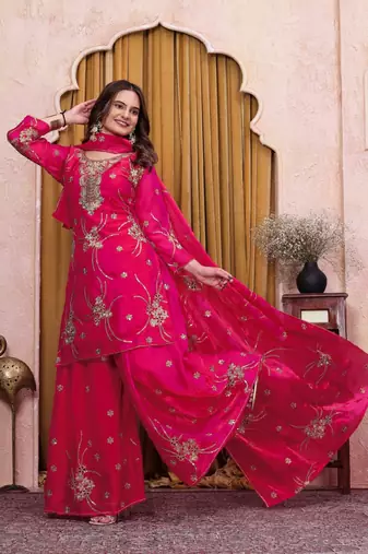 Pink fandy silk party wear embroidery sharara suit set
