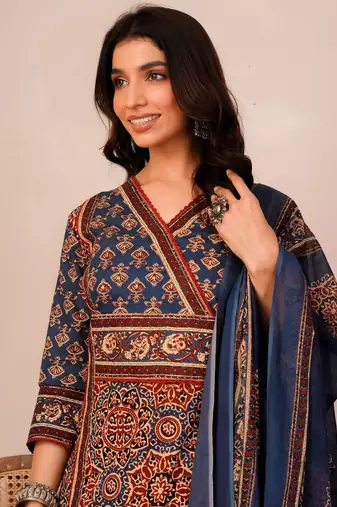 Women Ethnic Motifs Printed Angrakha Pure Cotton Kurta with Trousers & With Dupatta
