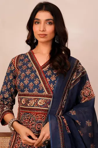 Women Ethnic Motifs Printed Angrakha Pure Cotton Kurta with Trousers & With Dupatta