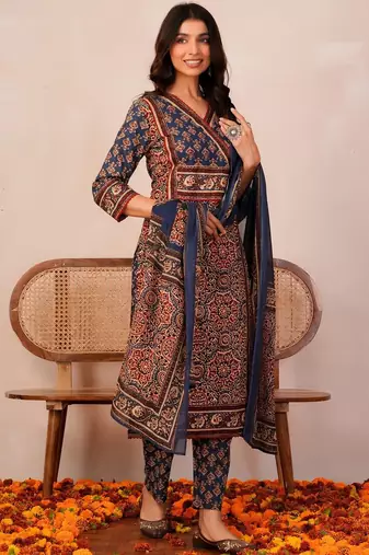 Women Ethnic Motifs Printed Angrakha Pure Cotton Kurta with Trousers & With Dupatta