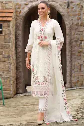 Floral Embroidered Regular Sequinned Kurta With Trousers & Dupatta