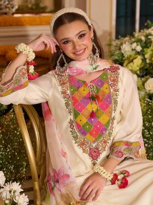 Floral Embroidered A-Line Tie-Up Neck Thread Work Kurta With Trousers & Dupatta 1
