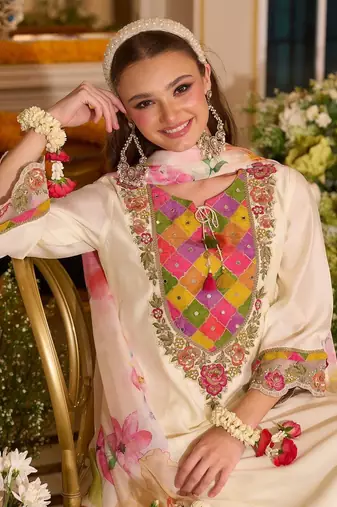 Floral Embroidered A-Line Tie-Up Neck Thread Work Kurta With Trousers & Dupatta