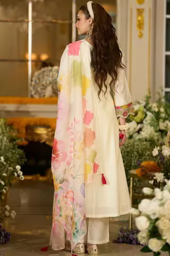 Floral Embroidered A-Line Tie-Up Neck Thread Work Kurta With Trousers & Dupatta