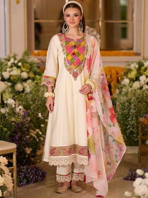 Floral Embroidered A-Line Tie-Up Neck Thread Work Kurta With Trousers & Dupatta 4