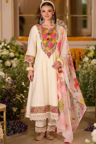 Floral Embroidered A-Line Tie-Up Neck Thread Work Kurta With Trousers & Dupatta