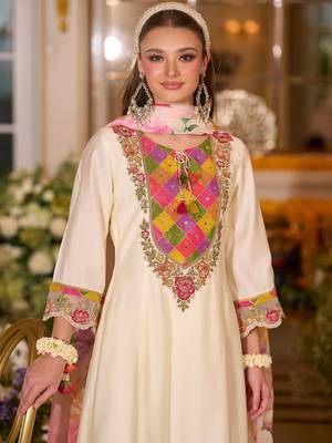 Floral Embroidered A-Line Tie-Up Neck Thread Work Kurta With Trousers & Dupatta 5
