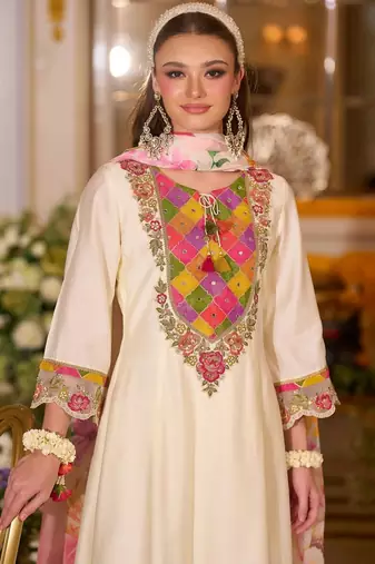 Floral Embroidered A-Line Tie-Up Neck Thread Work Kurta With Trousers & Dupatta