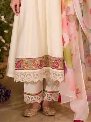 Floral Embroidered A-Line Tie-Up Neck Thread Work Kurta With Trousers & Dupatta 6