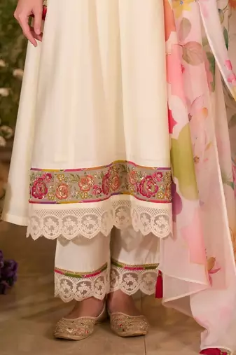 Floral Embroidered A-Line Tie-Up Neck Thread Work Kurta With Trousers & Dupatta