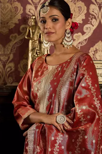 Ethnic Motifs Woven Design Zari Straight Kurta With Trousers & Dupatta