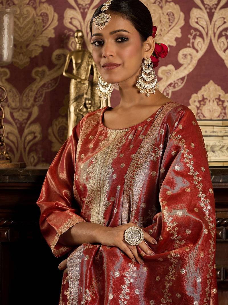 Ethnic Motifs Woven Design Zari Straight Kurta With Trousers & Dupatta
