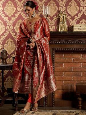Ethnic Motifs Woven Design Zari Straight Kurta With Trousers & Dupatta 1
