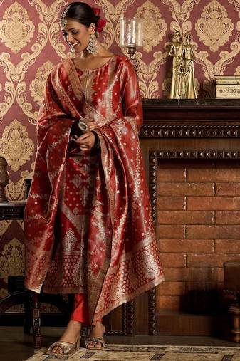 Ethnic Motifs Woven Design Zari Straight Kurta With Trousers & Dupatta