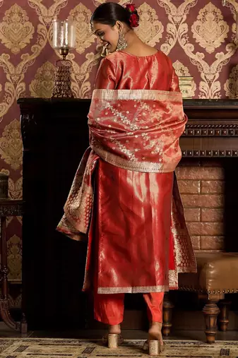 Ethnic Motifs Woven Design Zari Straight Kurta With Trousers & Dupatta