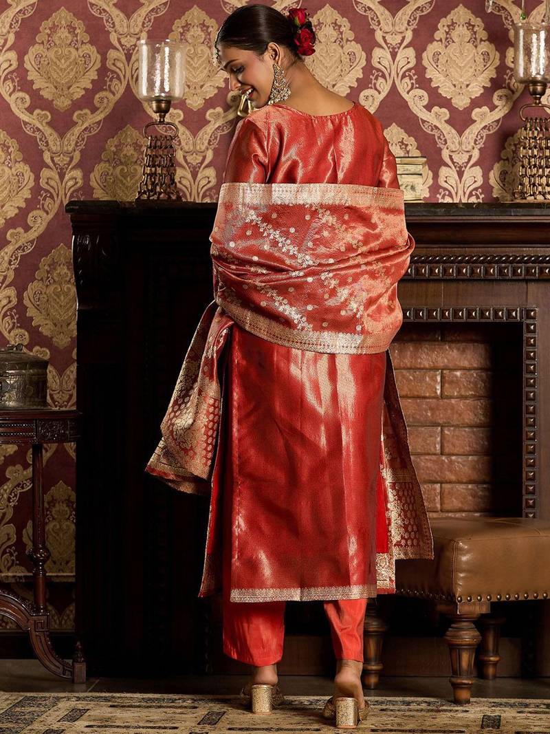 Ethnic Motifs Woven Design Zari Straight Kurta With Trousers & Dupatta