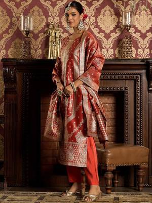 Ethnic Motifs Woven Design Zari Straight Kurta With Trousers & Dupatta 7