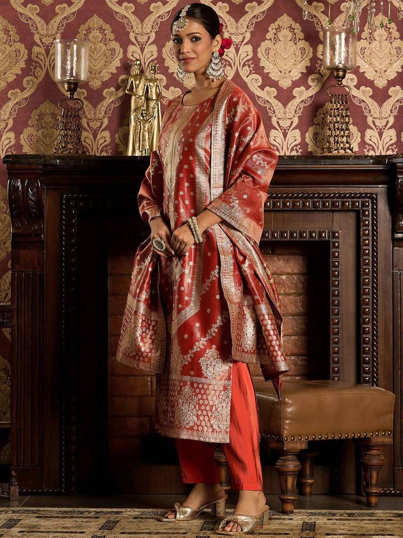 Ethnic Motifs Woven Design Zari Straight Kurta With Trousers & Dupatta