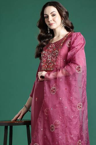 Floral Embroidered Kurta with Trousers & Dupatta