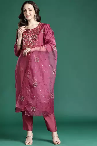 Floral Embroidered Kurta with Trousers & Dupatta