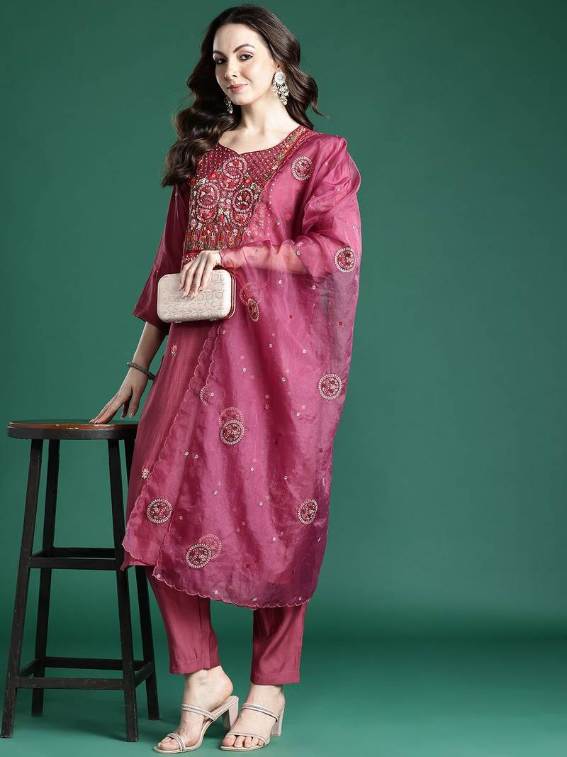 Floral Embroidered Kurta with Trousers & Dupatta