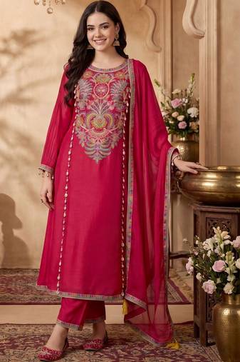 Women Ethnic Motifs Embroidered Regular Thread Work Kurta with Trousers & With Dupatta