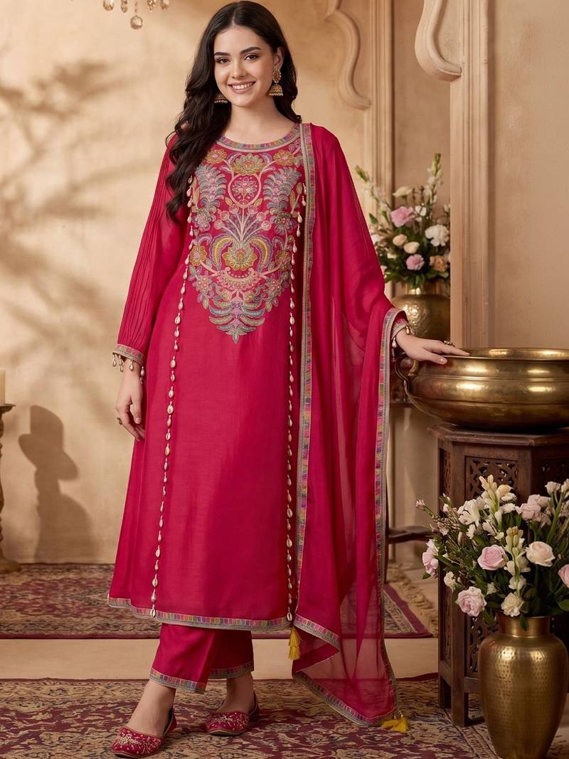 Women Ethnic Motifs Embroidered Regular Thread Work Kurta with Trousers & With Dupatta