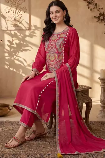 Women Ethnic Motifs Embroidered Regular Thread Work Kurta with Trousers & With Dupatta