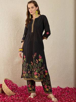 Floral Printed Thread Work Pure Cotton Straight Kurta With Trousers 1