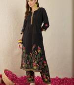 Floral Printed Thread Work Pure Cotton Straight Kurta With Trousers