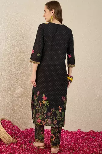 Floral Printed Thread Work Pure Cotton Straight Kurta With Trousers