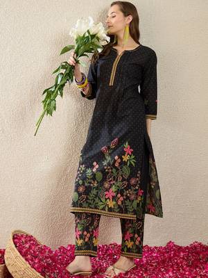 Floral Printed Thread Work Pure Cotton Straight Kurta With Trousers 5