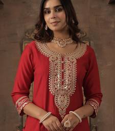 Ethnic Motifs Yoke Design Notch Neck Sequinned Straight Kurta With Trousers