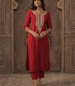 Ethnic Motifs Yoke Design Notch Neck Sequinned Straight Kurta With Trousers
