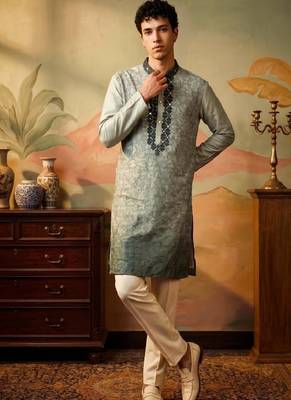 silk blend fabric embroidery mens designer party wear kurta pajama. 1