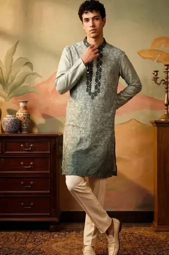 silk blend fabric embroidery mens designer party wear kurta pajama.