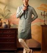 silk blend fabric embroidery mens designer party wear kurta pajama.