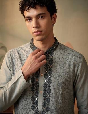 silk blend fabric embroidery mens designer party wear kurta pajama. 2