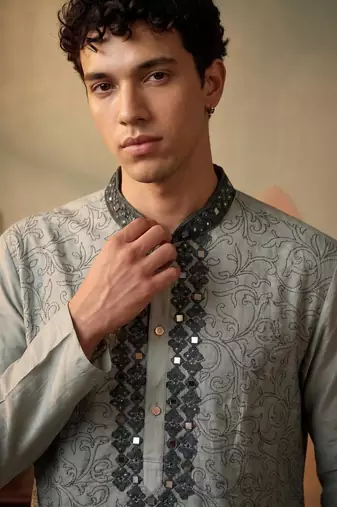 silk blend fabric embroidery mens designer party wear kurta pajama.