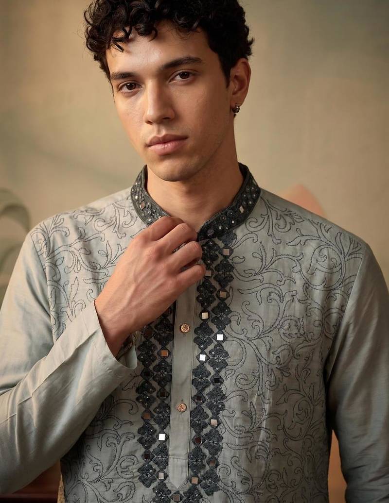 silk blend fabric embroidery mens designer party wear kurta pajama.