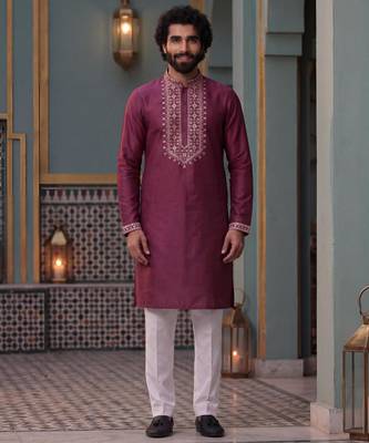 roman silk blend fabric embroidery mens designer party wear kurta pajama. 1