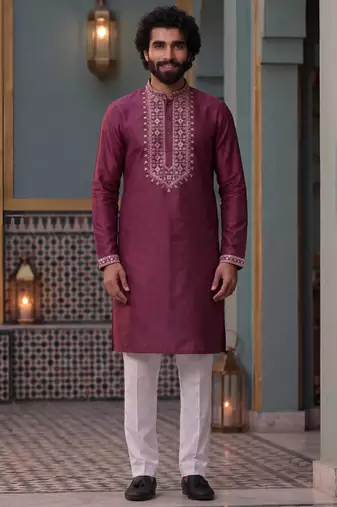 roman silk blend fabric embroidery mens designer party wear kurta pajama.