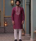 roman silk blend fabric embroidery mens designer party wear kurta pajama.