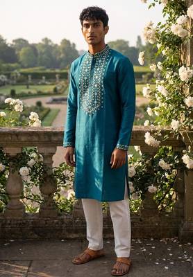roman silk fabric embroidery mens designer party wear kurta pajama. 1
