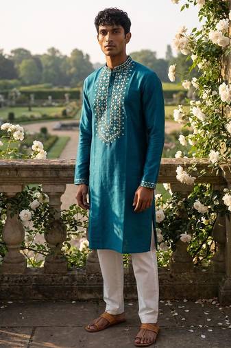 roman silk fabric embroidery mens designer party wear kurta pajama.